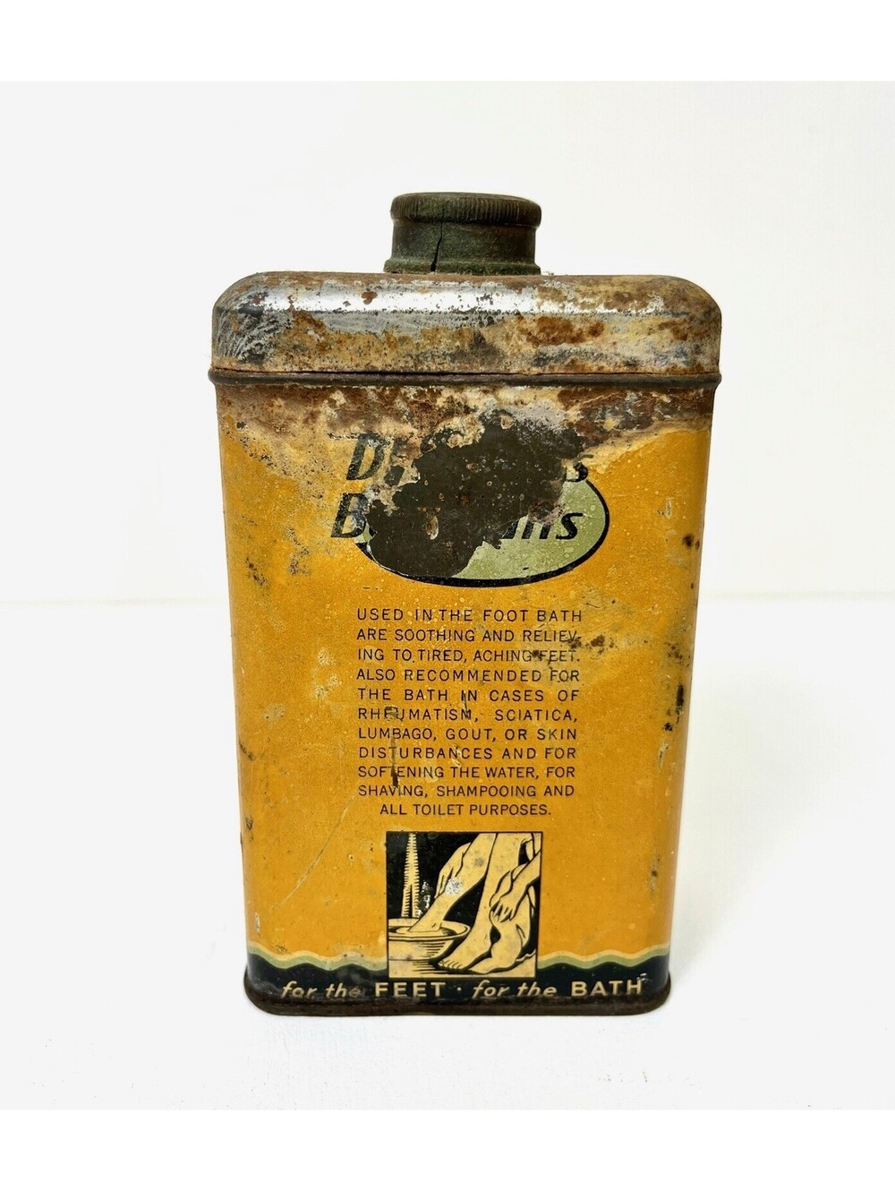 Vintage Antique Dr Scholl's Bath Salts Tin Can Medicine Apothecary Yellow